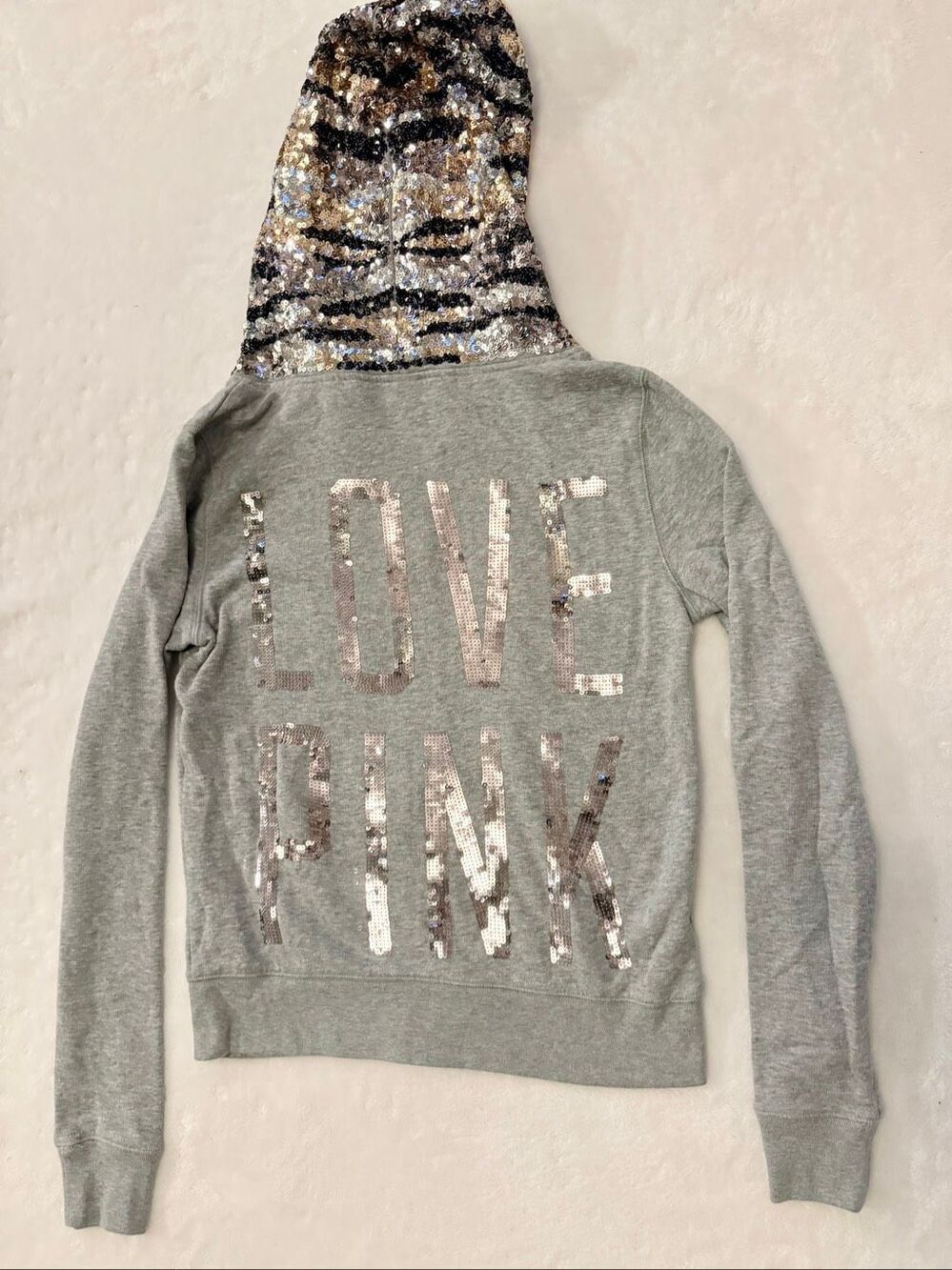 PINK Victoria’s Secret Gray Sequin Zebra Hood Zip-Up Hoodie XS - Y2K - Picture 8 of 10